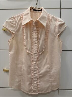 Theme Pale Pink Ruffle-Trim, Button-Front, Cap-Sleeve Blouse